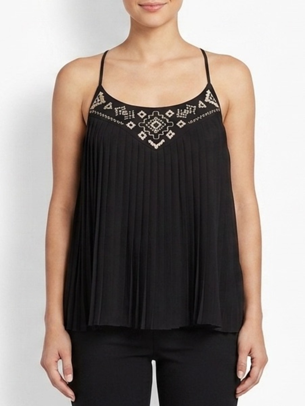 Miss Me Women’s Large Black Pleated Embroidered Tank Top Boho Southwestern L